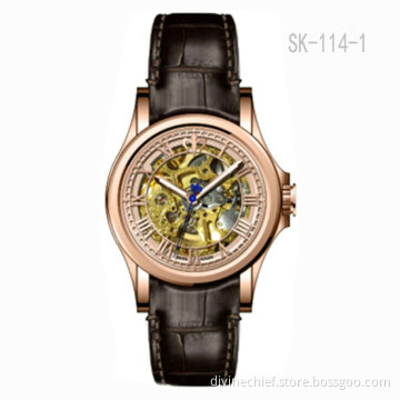 Factory Custom Watch Genuine Leather Watch Band Skeleton Movement Men Wrist Watches